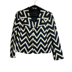 Escada Blazer Womens 38 Black Cream Chevron Pattern Jacket Wide Collar Button Up